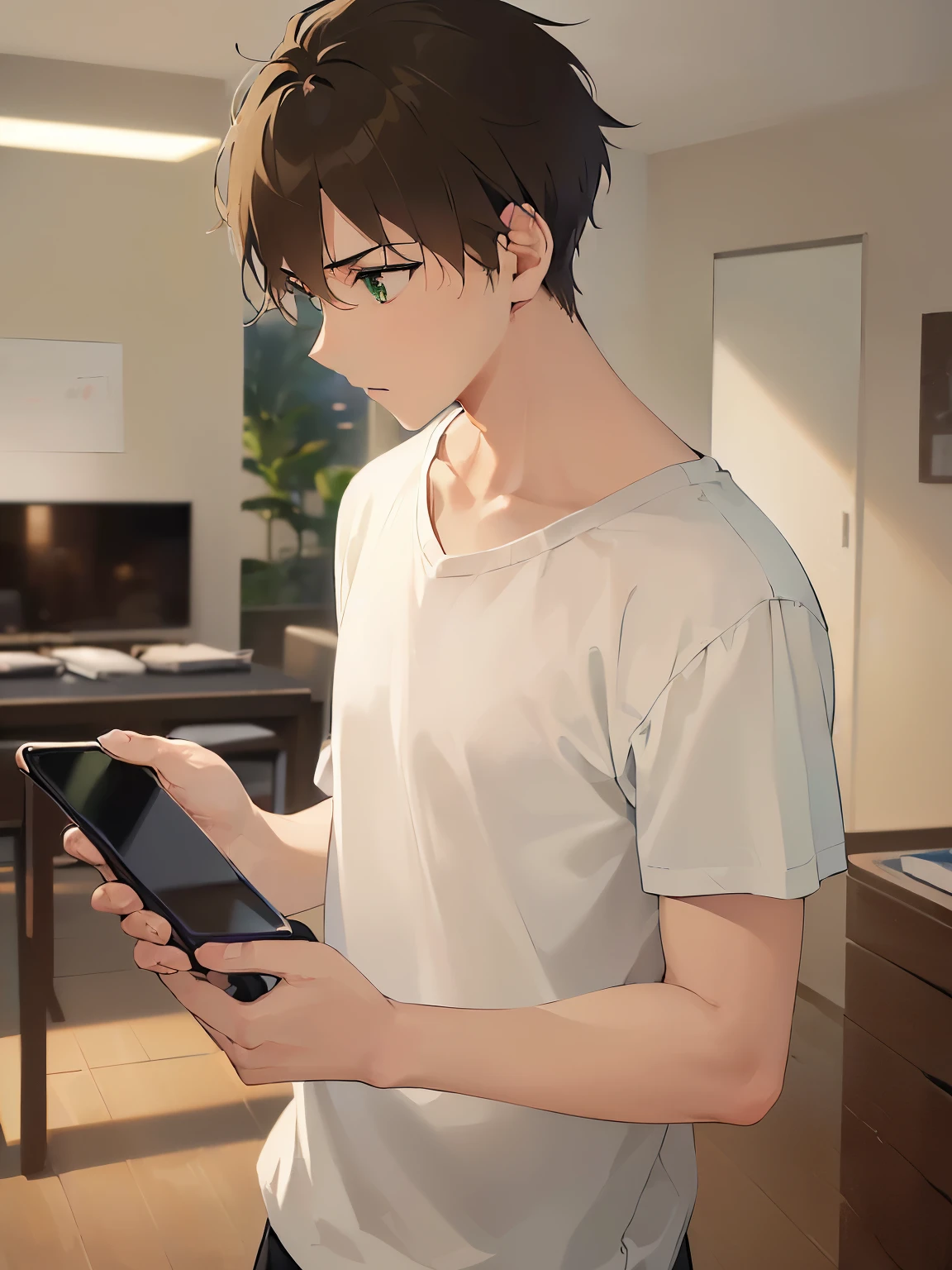(night:1.5), holding a phone, side angle, (looking away:1.5), masterpiece、Highest quality、(25-year-old male:1.5) and (Brown short hair) and (Green Eyes), BREAK (White T-shirt) BREAK、Are standing、surprised、The background is the living room at night、(Alone:1.5)、Upper body is shown、