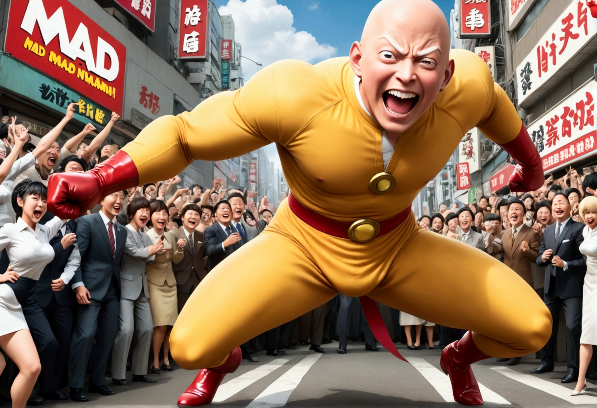 (Mad Magazine cover) Alfred E Neuman as One Punch man Saitama in a heroic pose with classic Newman smile, Tatsumaki (extremely sexualized, big butt, big boobs, classic dress) very mad jumping up and down yelling at Saitama, bloody remains of a beast all over the crowd and downtown Tokyo