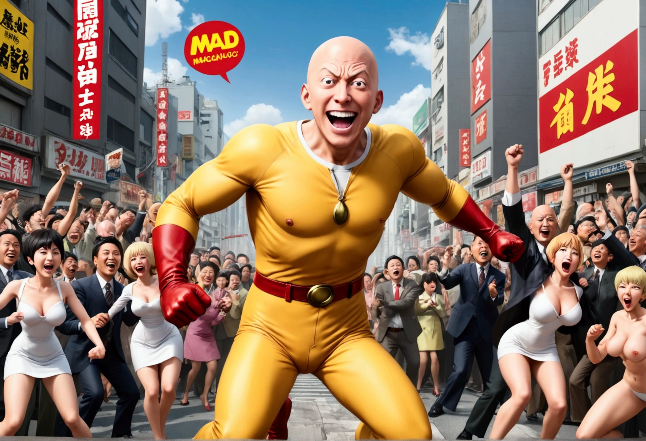 (Mad Magazine cover) Alfred E Neuman as One Punch man Saitama in a heroic pose with classic Newman smile, Tatsumaki (extremely sexualized, big butt, big boobs, classic dress) very mad jumping up and down yelling at Saitama, bloody remains of a beast all over the crowd and downtown Tokyo
