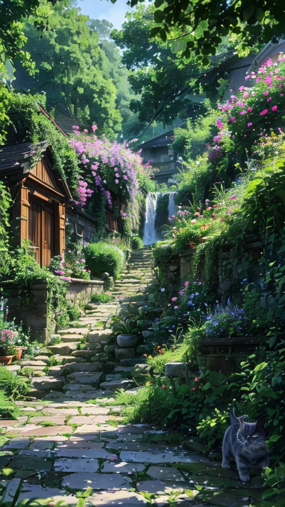 (highres,realistic) A Scottish Fold cat catching butterflies in a garden, with a flowing stream and houses in the distance. Detailed fur and expressive eyes. Lush greenery and colorful flowers surround the cat. The sunlight filters through the leaves, casting a warm glow. Vibrant butterflies flutter around the cat, creating a lively atmosphere. The cat's ears are uniquely folded, adding to its charm. The garden is beautifully landscaped, with neatly trimmed bushes and a variety of plants. The cat is focused and alert, ready to pounce on the next butterfly. The water in the stream is crystal clear, reflecting the serene surroundings. The houses in the distance have colorful facades, adding a touch of whimsy to the scene.