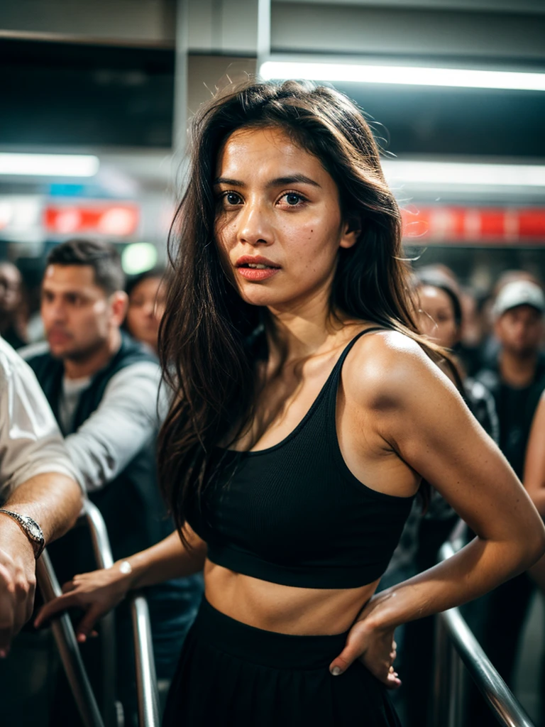 (Full shot:1.4), (best quality:1.4), 1girl, kazakh, cute face, pink lace tanktop with long skirt, surrounded by very close crowded, emotional posing in the crowd escalator, wavy hair, bangs, (hair blowing in the wind:1.2), (dramatic moment:1.3), (dynamic object:1.4), crowd (motion blur:1.3), film looks, RAW photo, beauty shadow, neon light, (ambient lighting:1.2), detailed skin, detailed face and eyes, ultra highly detailed, surreal view, sharp focus, shot by zenit analog film, cinematic portrait by annie leibovitz, aesthetic photography in 2024, (candid:1.5)