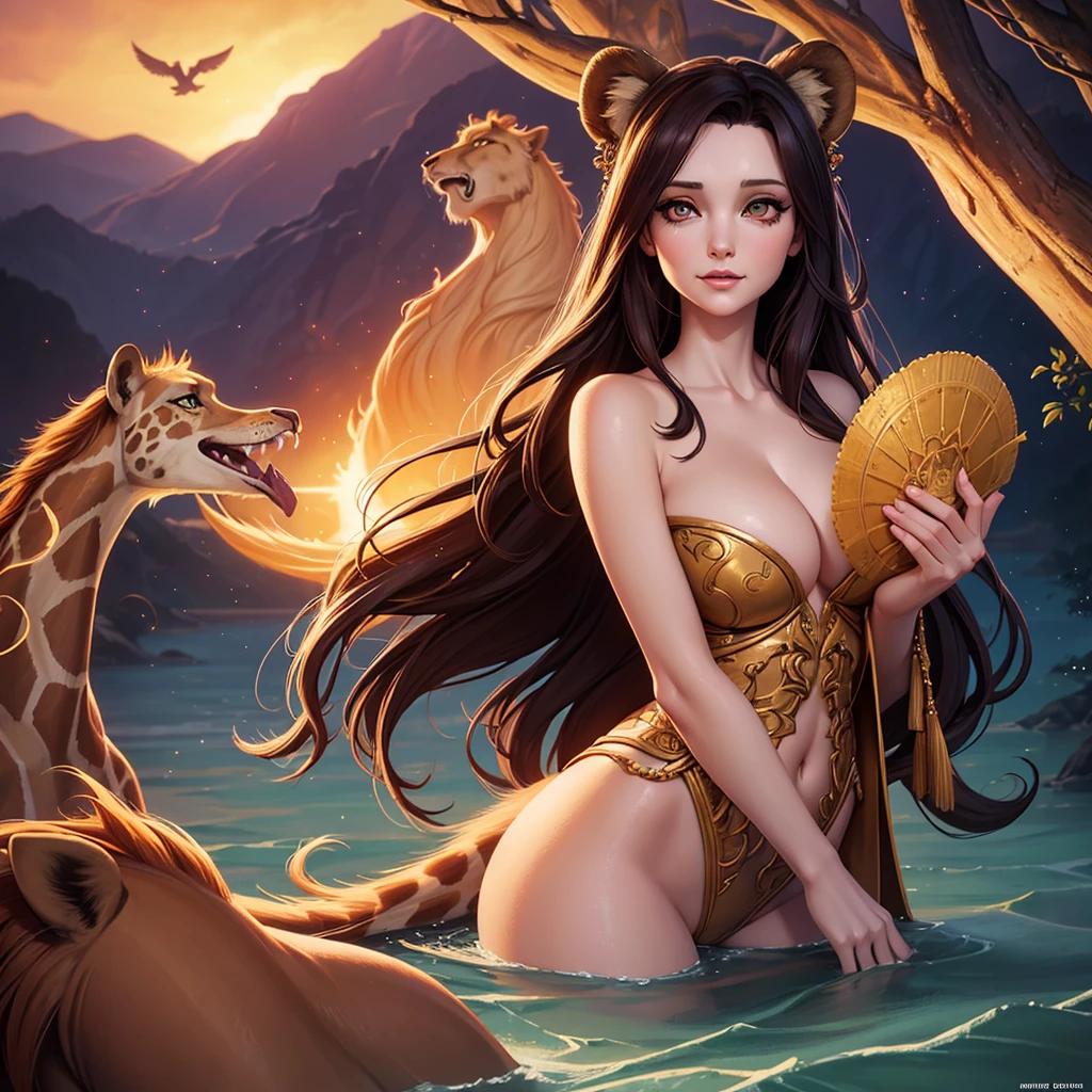 golden hour, front view oil painting of a woman with face of Winona Ryder morphed with Angelina Jolie laughing with gigantic hairdo floating on water, giraffe morphed with lion emerges from water in the background, tears of joy, storks, stunning digital illustration, beautiful fantasy art portrait, a beautiful artwork illustration, charlie bowater rich deep colors, artstyle tom bagshaw, beautiful digital illustration, beautiful fantasy portrait, portrait of a dark fantasy nymph, exquisite digital illustration, in style of anna dittmann