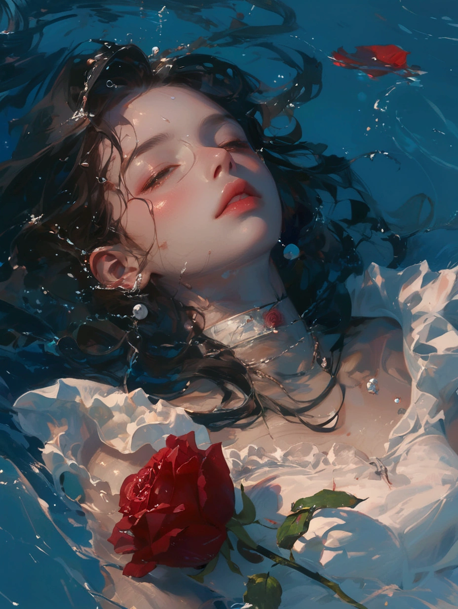 A woman floats in a swimming pool,Holding a rose in hand, artwork in the style of Gu Weiss, Gu Weiss, Gu Weiss masterpiece, inspired by Yanjun Cheng, 受到 ross tran 的启发, Beauvot Art Style, by Yanjun Cheng, Gu Weiss on artstation pixiv, Ross Chen (ross tran) style of