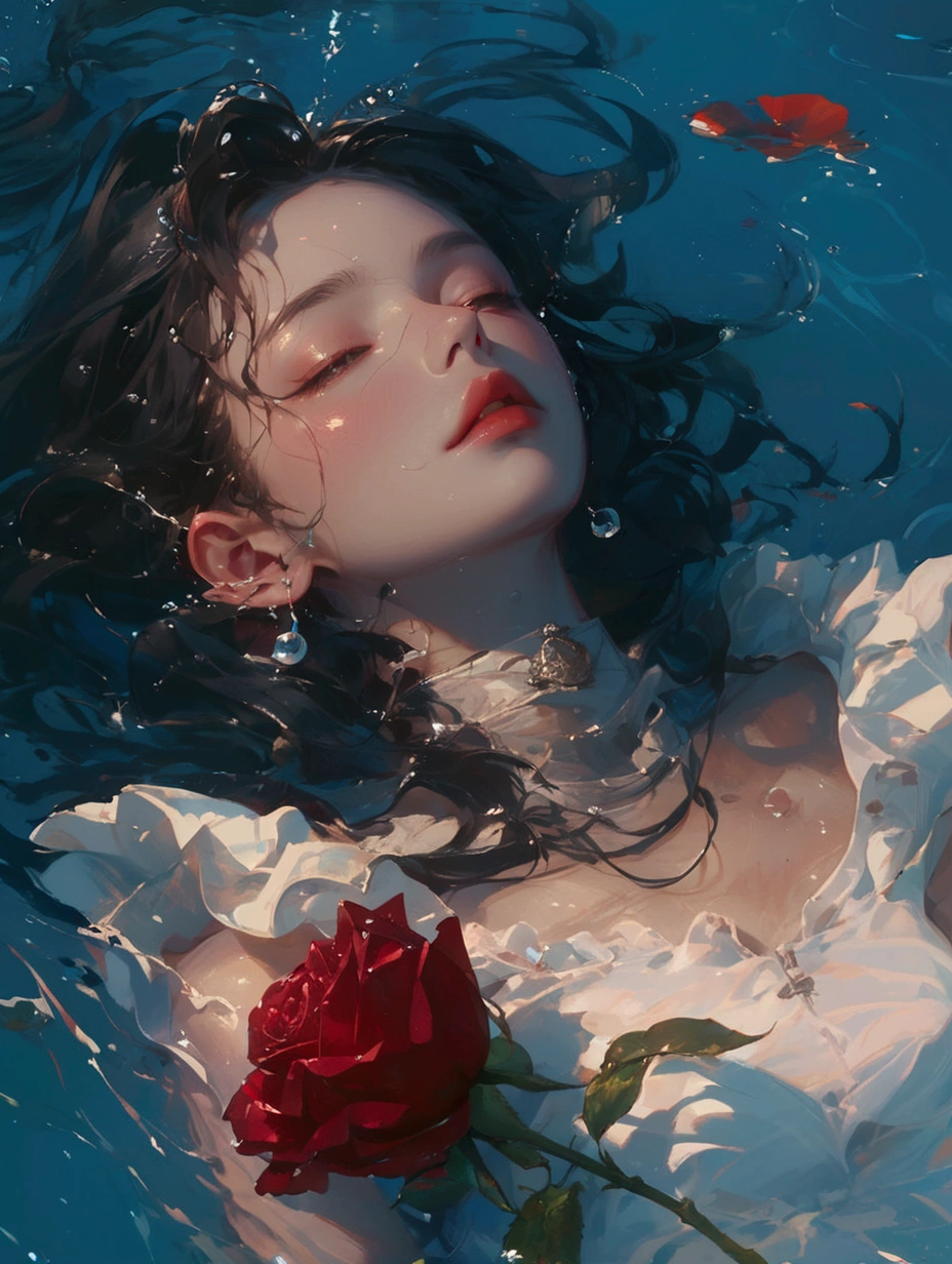 A woman floats in a swimming pool,Holding a rose in hand, artwork in the style of Gu Weiss, Gu Weiss, Gu Weiss masterpiece, inspired by Yanjun Cheng, 受到 ross tran 的启发, Beauvot Art Style, by Yanjun Cheng, Gu Weiss on artstation pixiv, Ross Chen (ross tran) style of