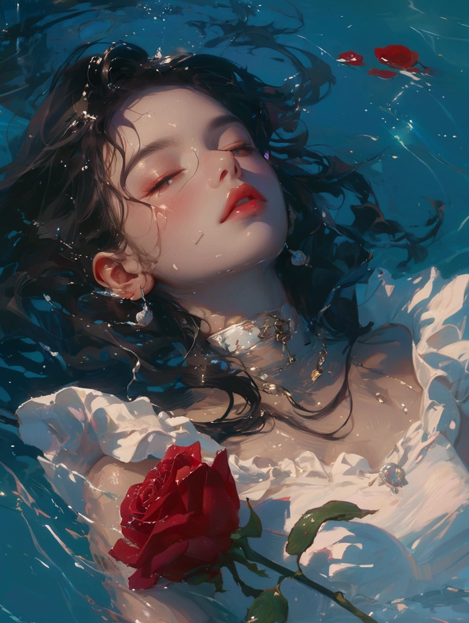 A woman floats in a swimming pool,Holding a rose in hand, artwork in the style of Gu Weiss, Gu Weiss, Gu Weiss masterpiece, inspired by Yanjun Cheng, 受到 ross tran 的启发, Beauvot Art Style, by Yanjun Cheng, Gu Weiss on artstation pixiv, Ross Chen (ross tran) style of