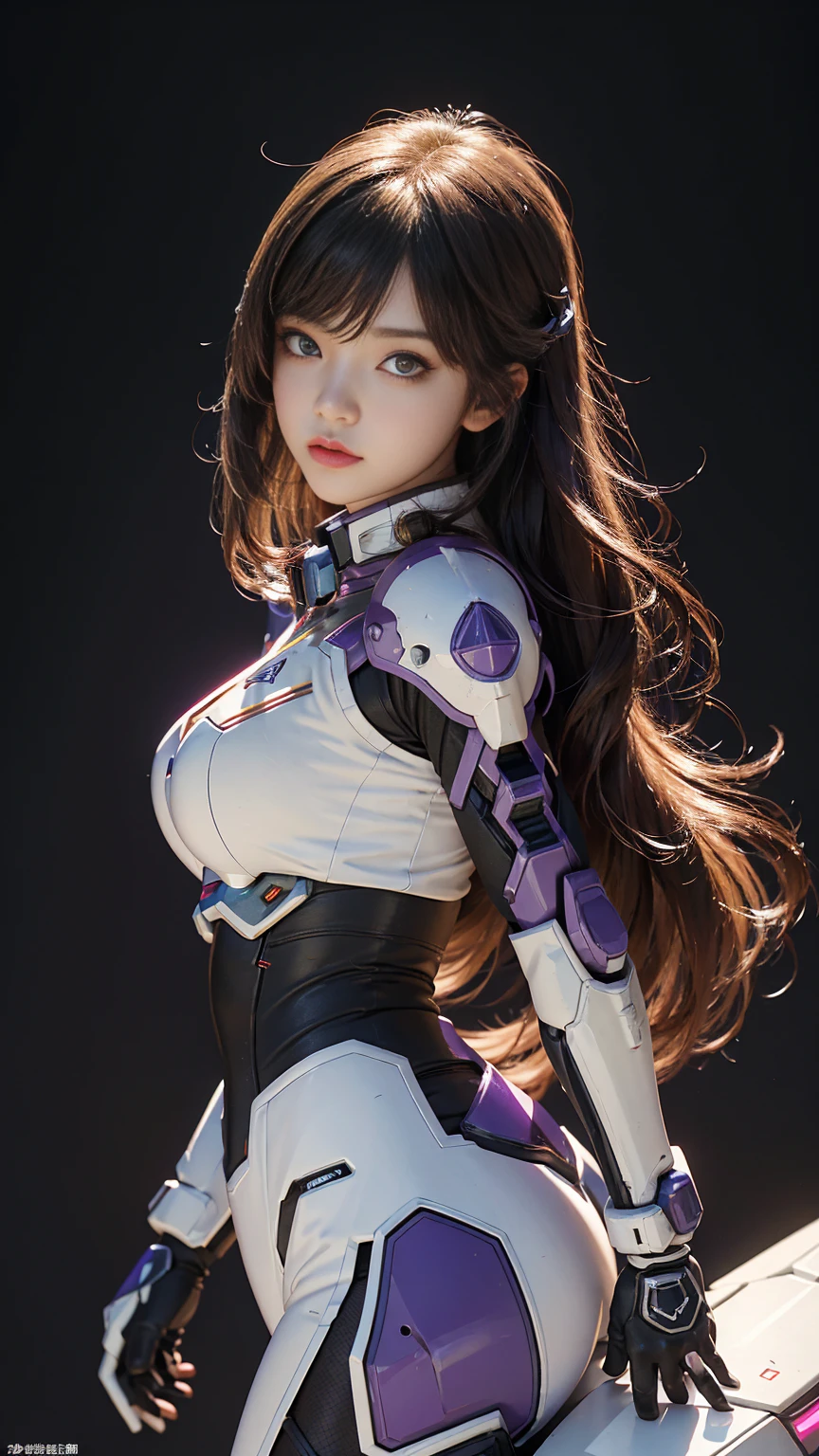 Raw, masterpiece, Ultra-fine photos,, best quality, Ultra-high resolution, Reality, Sunlight, Complete身肖像, Stunning beauty,, Dynamic poses, Delicate face, Vibrant eyes, (side view) Close-up of woman wearing pink and white Gundam costume, Dynamic poses, Long brown very very long hair Rapunzel, girl in mecha cyber armor, portrait armored astronaut girl, d. va from Overwatch, Female Mecha, on a gundam, gundam head, Qingdao Chiho Color Scheme, Gundam, Streamlined purple armor, Complete!! girl, realistic cosplay, Gundam Armor (Dynamic poses) (Best camera viewing angle), Complete身