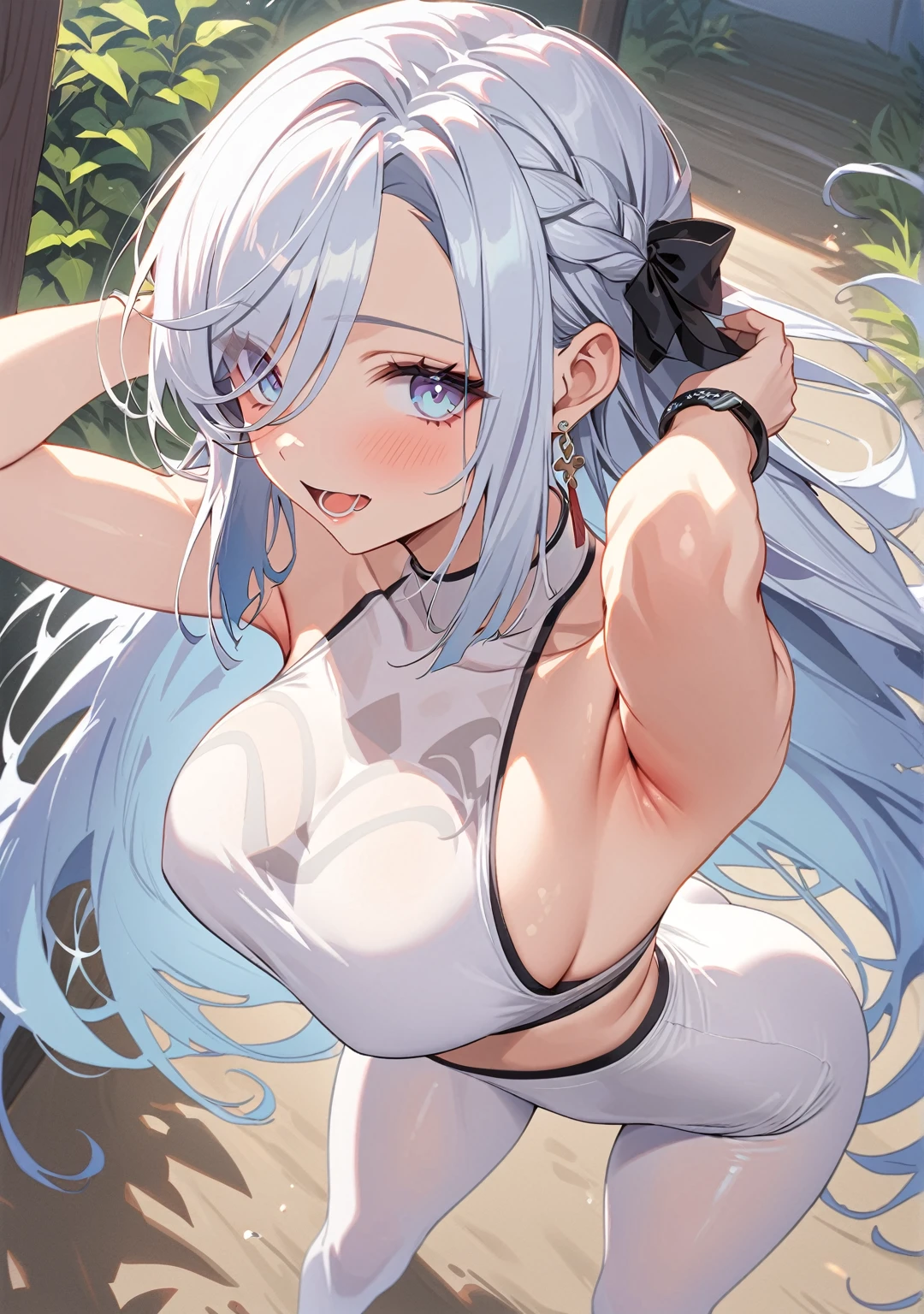 1 woman, flower, alone,halo, long hair, cat ears,gray hair, pink flower, seat, white flower, cat tail, water, rose, naked, red flower, Exposed nipples, exposed pussy, Visible nipples, visible pussy, waist exposed, headrest, pink eyes, closed mouth, pink rose, blue flower, forehead, girl about ,식water, attractive body, exposed body,girl lying on her back on the floor, front view, chained leather strap, with arms chained,chained legs, medium sized breasts and hips ,flexible and curved body, balanced body ,보송보송한 cat ears와 꼬리, powerful diaphragm, wide hips, big, perky breasts, confident smiling face, Pose with both arms behind the head