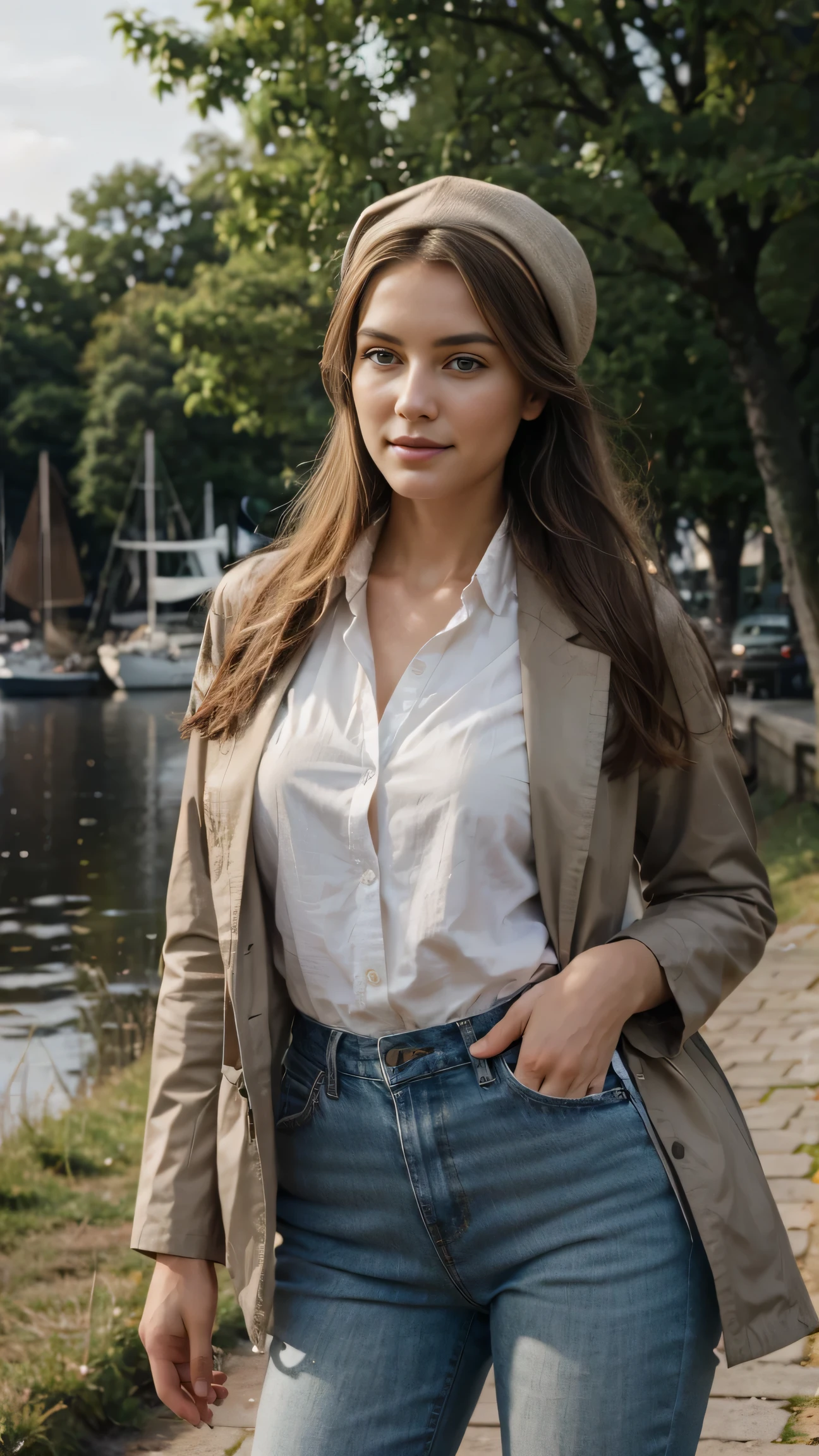 (Masterpiece:1.3), high definition, ultra-detailed, ultra-detailed CG Unity 8k wallpaper, realistic, photorealistic, RAW photo, beautiful detailed face, pale skin, realistic glittering skin, detailed fabric texture, detailed hair texture, perfect body, beautiful face, accurate, anatomically correct, In this picturesque rural scene in Denmark, a 29-year-old model exudes confidence and elegance as she stands in front of a port in Denmark ((Copenhaagen)) Is. With an elegant cap on her head, her long, straight hair falls over her shoulders, highlighting her natural beauty. She stands in a pedestrian zone, near a harbor, in Denmark ((Copenhagen)), takes a selfie and captures the tranquility of the surroundings with her symmetrical face, beautiful smile, wise perfect teeth and her hypnotic gray eyes. The model's light brown skin shines in the warm sunshine, while her statuesque figure blends harmoniously into the surrounding nature. Dressed in a spring outfit, a spring brown jacket, jeans and a thin scarf, her unique and refined style adds a touch of class to the rural environment of Denmark (Copenhagen). The ultra-realistic quality of the image, shot in 8k HD, highlights every detail of the rural setting and highlights the model's ability to impress with her charisma and style.