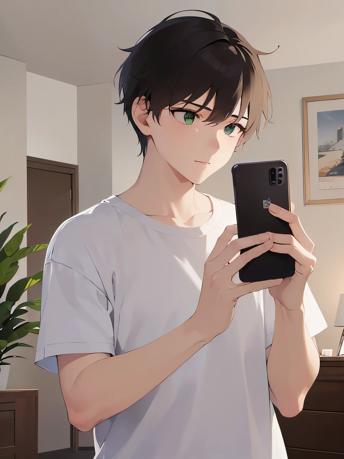 (night:1.5), holding a phone, side angle, (looking away:1.5), masterpiece、Highest quality、(25-year-old male:1.5) and (Brown short hair) and (Green Eyes), BREAK (White T-shirt) BREAK、Are standing、surprised、The background is the living room at night、(Alone:1.5)、Upper body is shown、