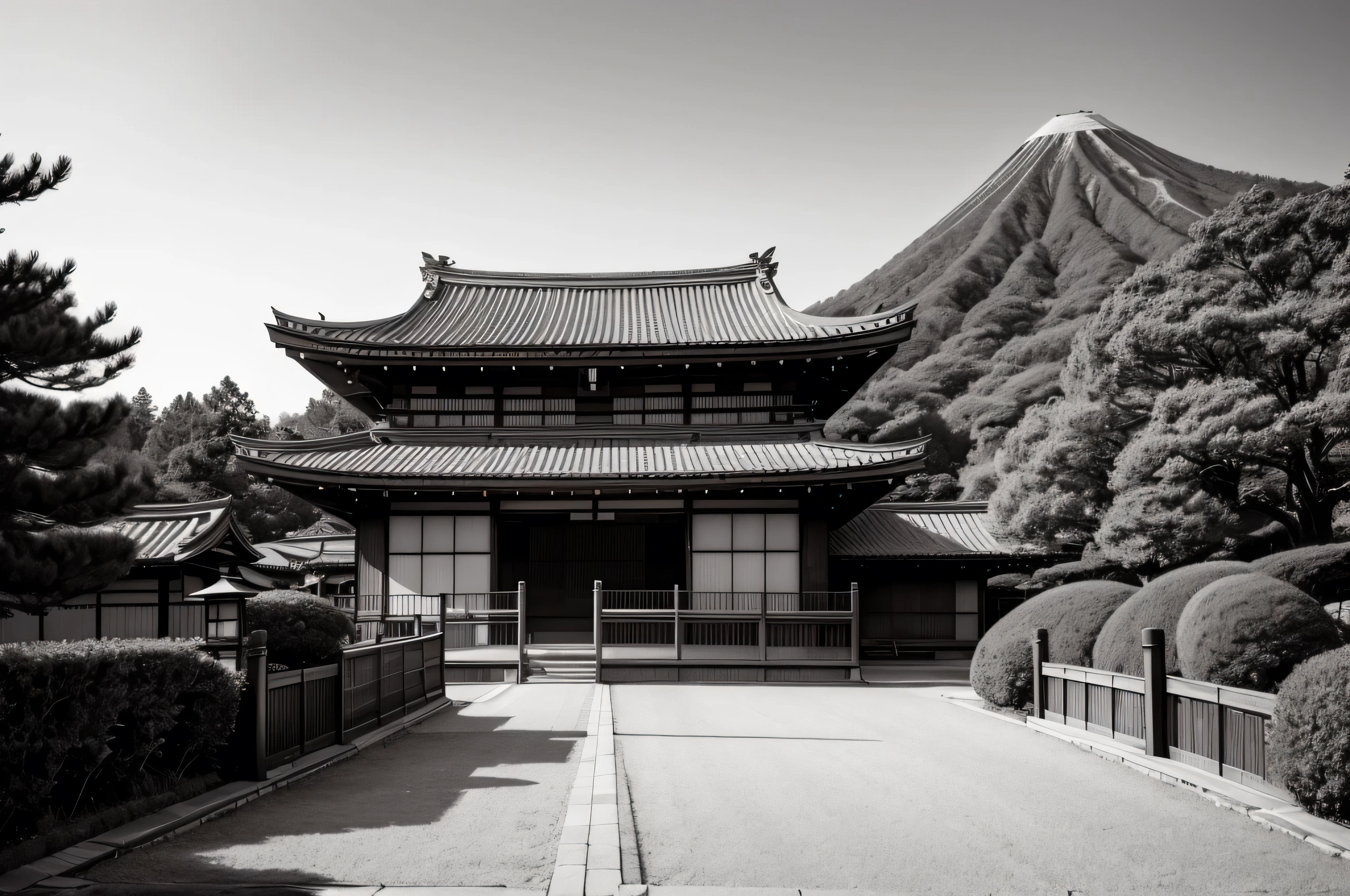 View of a Japanese samurai residence from the road monotone
