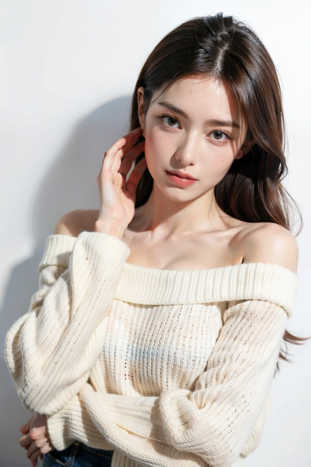 ((Top Quality)), ((Masterpiece)), (Detailed), 1 woman, off-shoulder sweater,
