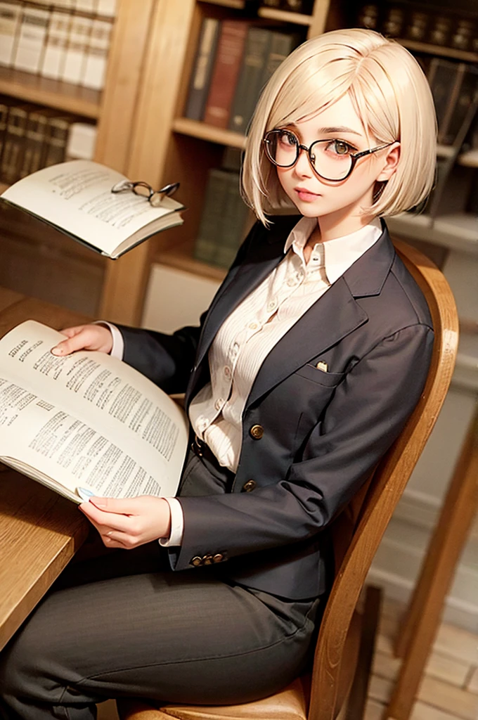 Cream colored hair　Short Bob　Brown eyes　beautiful girl　Glasses　library　Brown blazer　reading