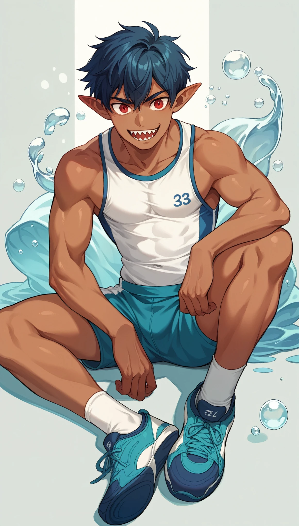 Handsome man,Slim body，sit，Pointed ears, Solitary, Sportswear，White socks，sports shoes，short hair, Red Eyes, Smile, Tanned skin,sharp teeth, Blue black hair，Deep sea background,bubble,Water Flow