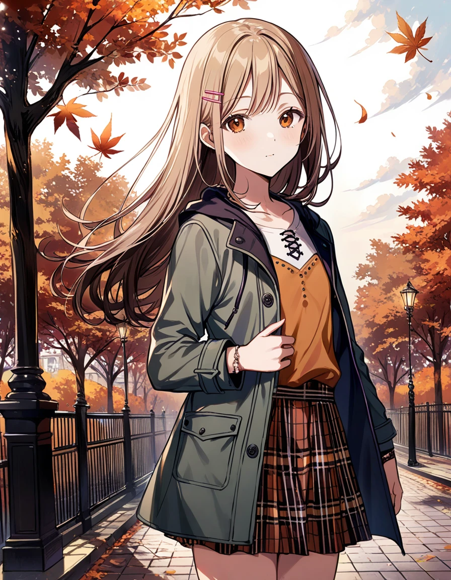 1girl,shinosawa hiro,slender,amber eyes,blonde hair,long hair,hairclip,flat chest BREAK autumn clothes , plaid skirt , coat , pastel , 