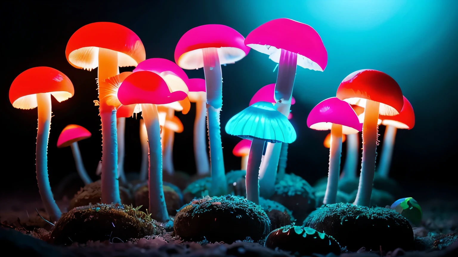 mushrooms are glowing in the dark with a blue light, a macro photograph of Beeple, shutter, psychedelic art, glowing mushrooms, fluorescent mushrooms, neon mushrooms, glowing blue mushrooms, psychedelic mushrooms dream, magic mushrooms, psychedelic mushrooms, glowing fungus, colorful mushrooms, magic mushroom, glowing blue mushrooms in mire, bioluminescent mushrooms