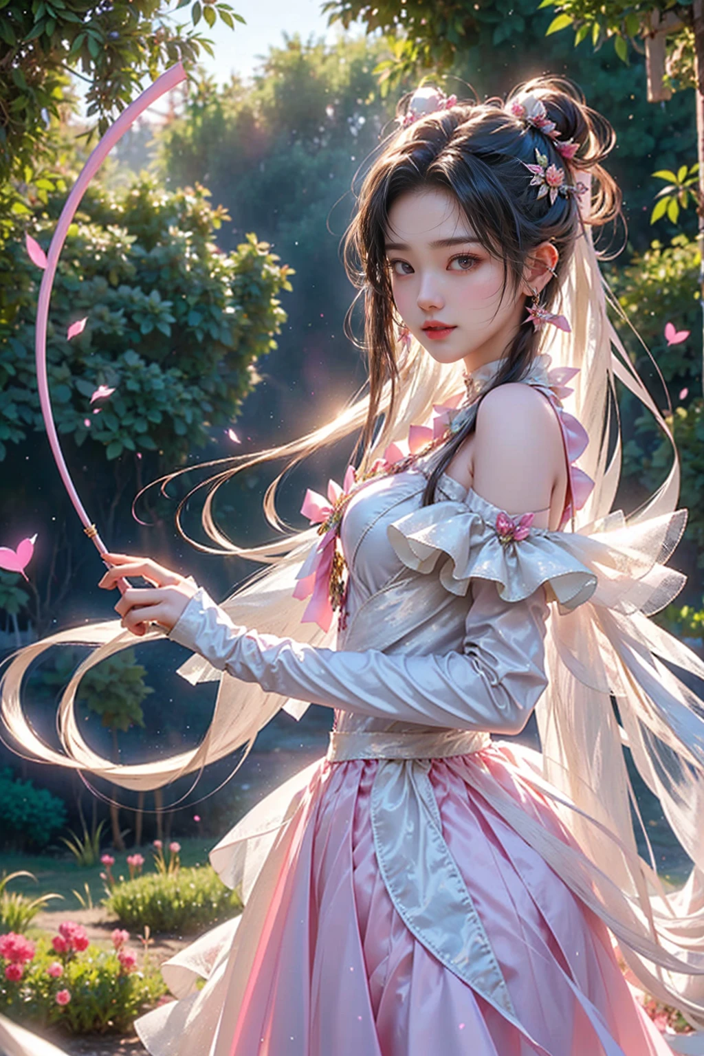 A stunning, hyper-realistic image of a 20-year-old Japanese woman with an enchanting Cupid appearance, standing in a serene, lush garden. She is gracefully shooting a beautiful heart-shaped arrow from her bow, her delicate features framed by cascading, flowing hair. Ethereal wings extend from her shoulders, and her radiant smile captures the essence of pure innocence. The atmosphere is filled with a warm, soft light, creating a vibrant color palette that perfectly complements her angelic aura. The dynamic pose, combined with a 1.5 emphasis on her beauty, makes this photograph a captivating and cinematic masterpiece.