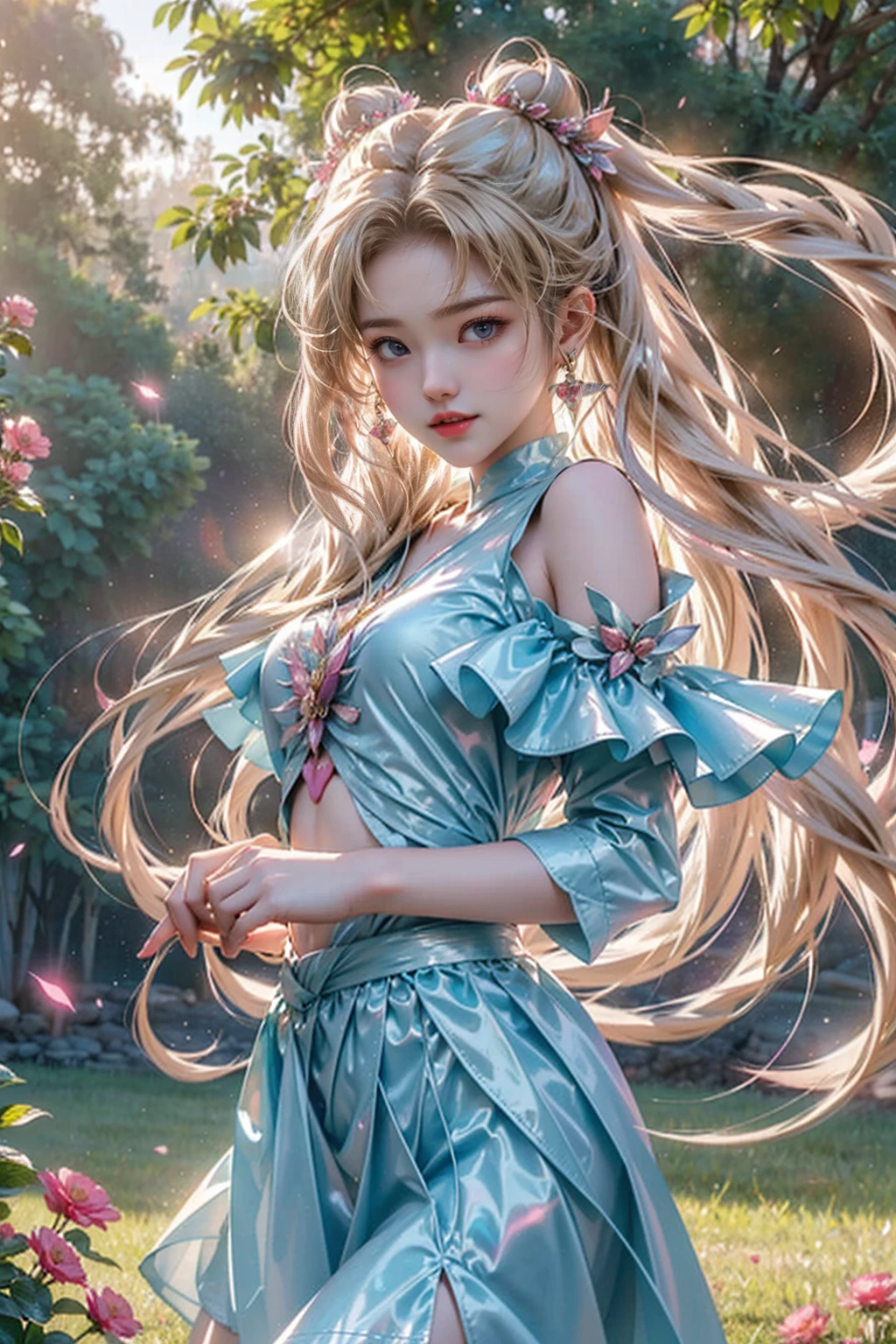 A stunning, hyper-realistic image of a 20-year-old Japanese woman with an enchanting Cupid appearance, standing in a serene, lush garden. She is gracefully shooting a beautiful heart-shaped arrow from her bow, her delicate features framed by cascading, flowing hair. Ethereal wings extend from her shoulders, and her radiant smile captures the essence of pure innocence. The atmosphere is filled with a warm, soft light, creating a vibrant color palette that perfectly complements her angelic aura. The dynamic pose, combined with a 1.5 emphasis on her beauty, makes this photograph a captivating and cinematic masterpiece.