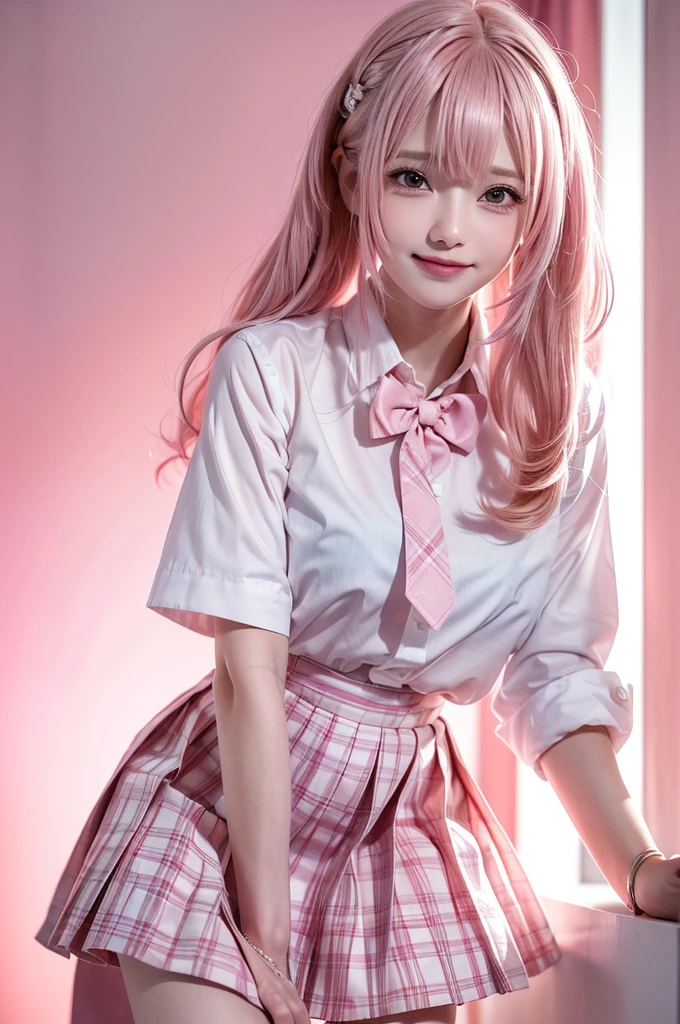 high resolution,smile,woman,woman1人,adult,Clear,cute, Blonde hair,(pink inner hair:1.3),
wavy hair,long hair,BREAK,
Brown eyes,BREAK,
high school girl,uniform,White shirt,Pink checkered pleated skirt,BREAK,
Facing forward,BREAK,Pink background,