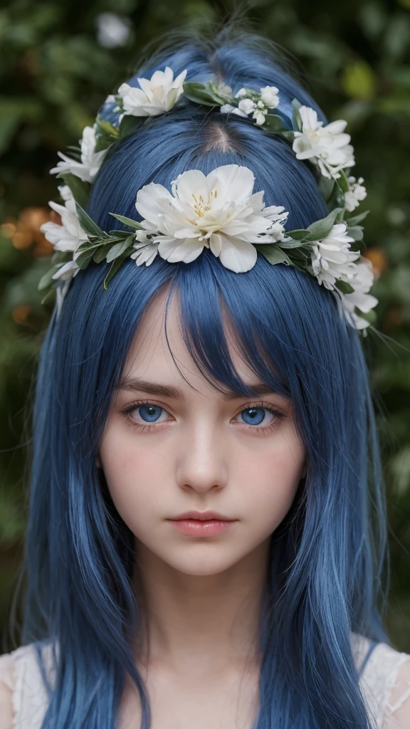 a girl.  Europe.  Oval face.  delicate facial features.  charming.  half-closed eyes.  blue eyes.  long straight hair.  messy hair.  blue hair. wreath on head. Sad.  shy.  straight face