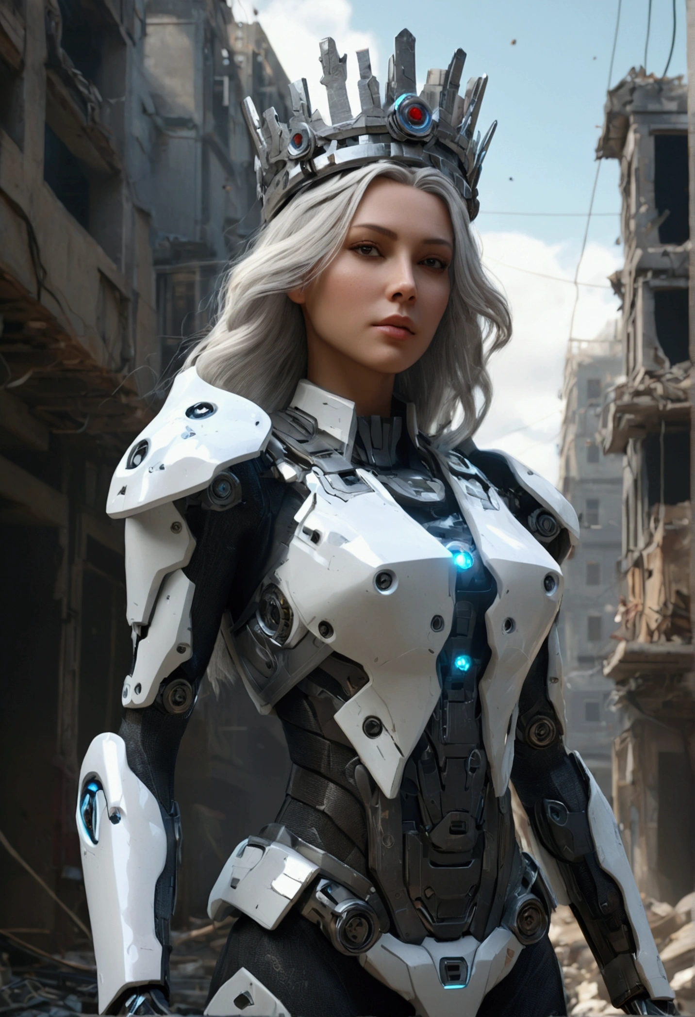 ((Best Quality)), ((masterpiece)), (Very detailed:1.3), 3D, shitu-mecha, Beautiful cyberpunk woman wearing a crown with her fuse in ruins of a city of forgotten wars, Streets with fuses in shooting, Long silver hair, science fiction technology, HdR (High dynamic range), ray tracing, NVIDIA RTX, Super resolution, Unreal 5, subsurface dispersion, PBR texture, post processing, Anisotropic filtering, depth of field, maximum sharpness and sharpness, Multilayer textures, Albedo and Specular maps, surface shading, Accurate simulation of interactions between light materials, Perfect Ratios, Octane rendering, duotone lighting, Low ISO, white balance, rule of thirds, grand opening, 8K RAW, efficient subpixels, subpixel convolution, luminous particles, light dispersion, Tyndall effect