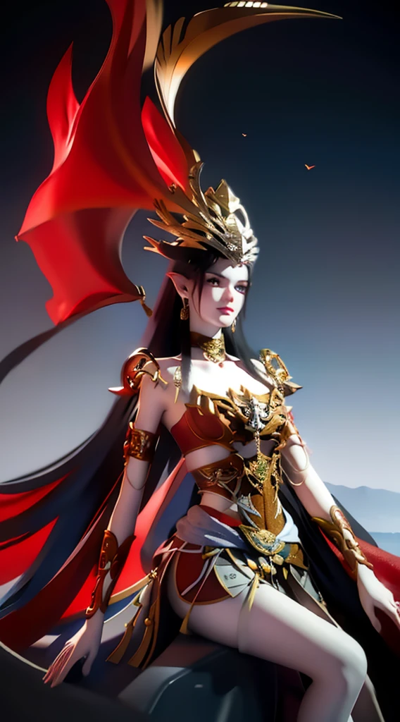 Excellent, masterpiece, extremely beautiful (goddess: 1.2) black hair, golden eyes, red clothes, looking up, sharp eyes, seductive smile, and seductive sitting position on the throne, long black hair, fair skin, side braids, red theme, xianxia fantasy, 8k high quality detailed art, goddess. extremely high detail, sharp, cinematic lighting, alchemy upscale image, profesional shot, vibrant, highly detailed, artstation, concept art, sharp focus, cinematic lighting, artgerm, render, unreal engine 5, front view, masterpiece, best quality, high quality, extremely detailed CG unit 16k wallpaper, donghua