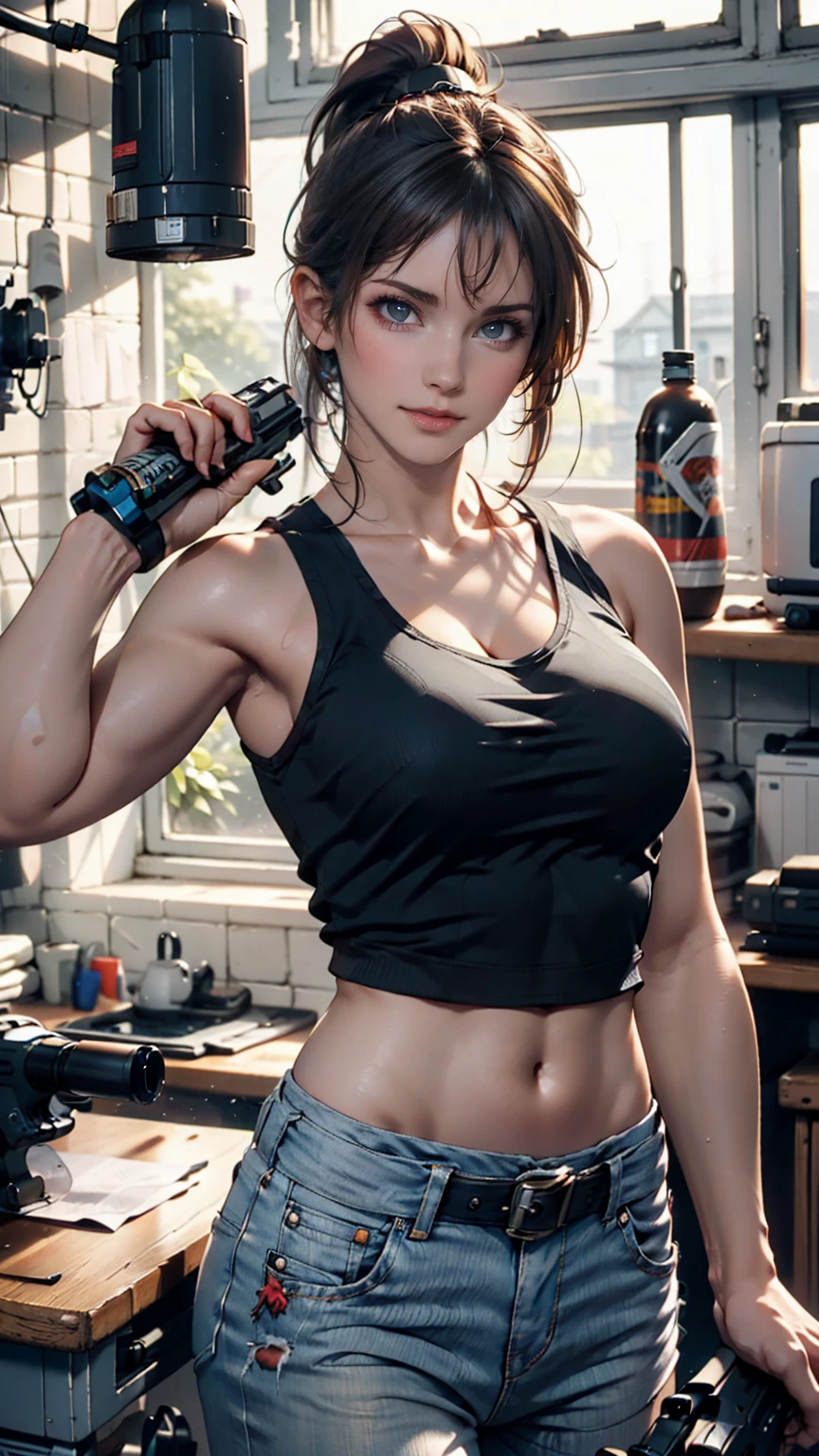 Cher, ponytail, Tank top, Waist clothes, cleaning a ポータル gun at a workbench, Bright morning sun shining through the window (zrpg style) (masterpiece:1.2) (figure:1.2) (Highest quality:1.2) (detailed) (Complex) (8k) (High resolution) (Cinema Lighting) (Sharp focus)