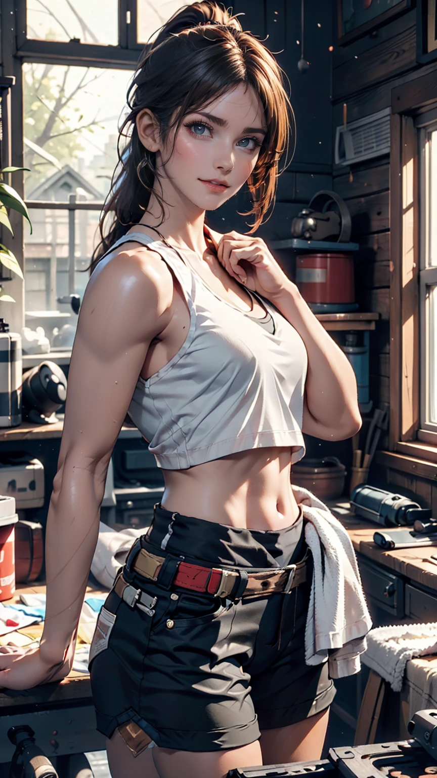 Cher, ponytail, Tank top, Waist clothes, cleaning a ポータル gun at a workbench, Bright morning sun shining through the window (zrpg style) (masterpiece:1.2) (figure:1.2) (Highest quality:1.2) (detailed) (Complex) (8k) (High resolution) (Cinema Lighting) (Sharp focus)