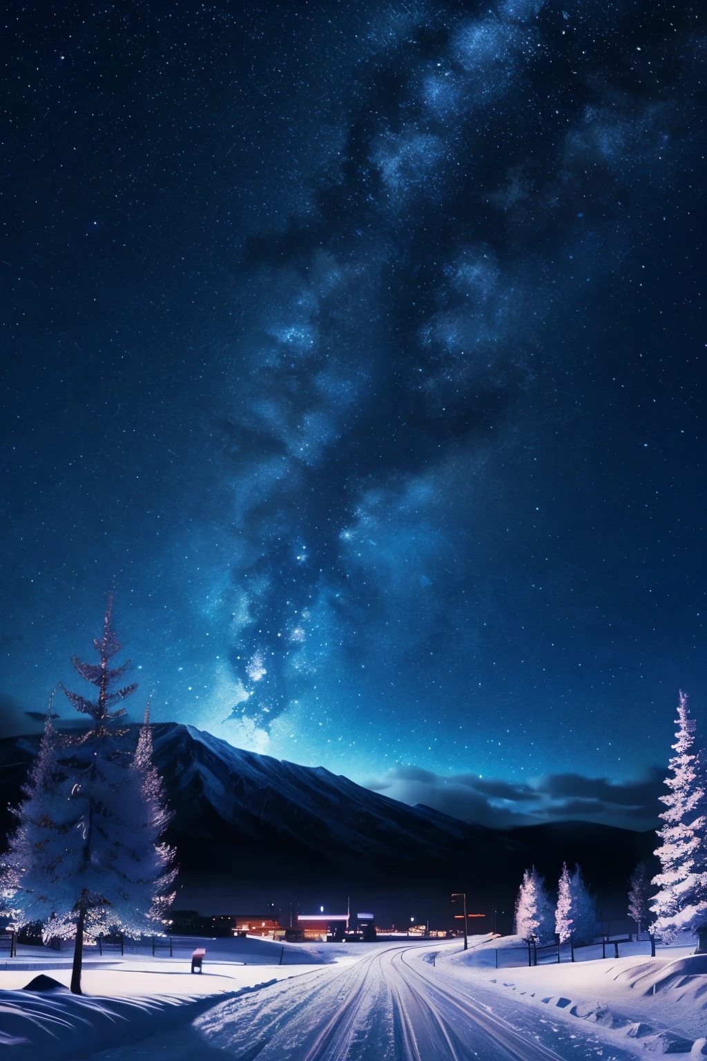 snowy, Hokkaido, Makoto Shinkai, magic realism, beautiful anime scenes, cosmic sky, anime background art, anime backgrounds, anime movie backgrounds, galaxy express, no humans.