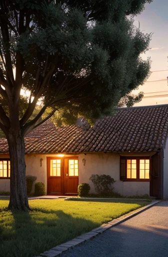 A detailed countryside house located behind the police station, next to an orange tree, radiating the light of dusk, somewhat old, and vividly realistic like a photograph.