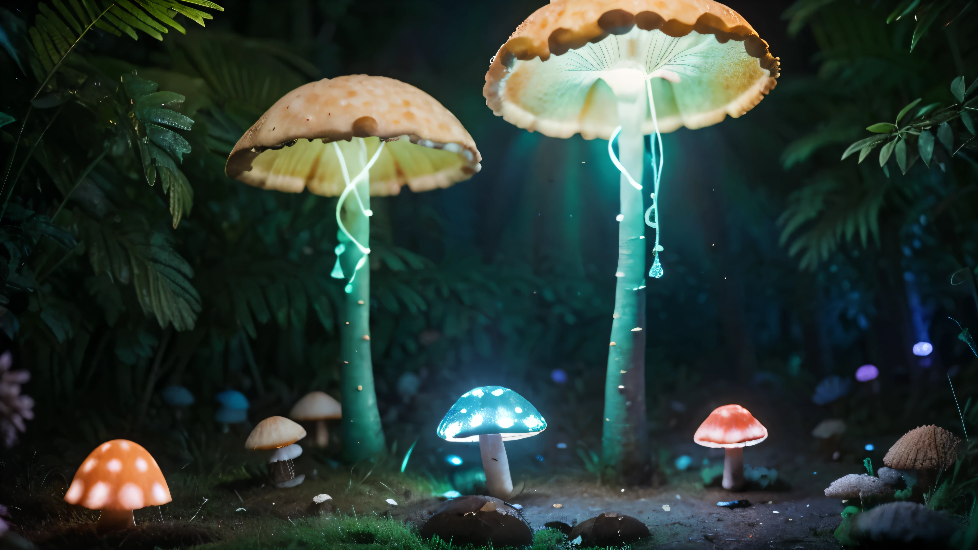 mushrooms are glowing in the dark with a blue light, glowing mushrooms, fluorescent mushrooms, neon mushrooms, glowing blue mushrooms, psychedelic mushrooms dream, magic mushrooms, psychedelic mushrooms, glowing fungus, colorful mushrooms, magic mushroom, glowing blue mushrooms in mire, bioluminescent mushrooms, neon yellow glowing mushrooms, mind-blowing mushroom, bright red mushrooms, mushroom forest, translucent mushrooms