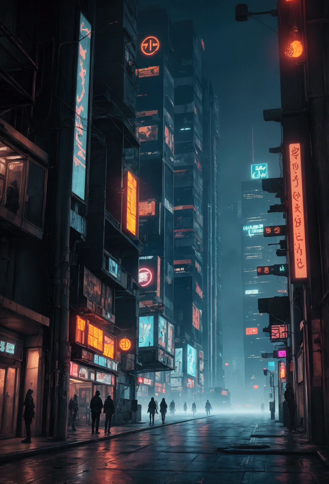 Cyberpunk city at night, foggy, lonely person, artistical, photorealistic, ultra realistic, street level