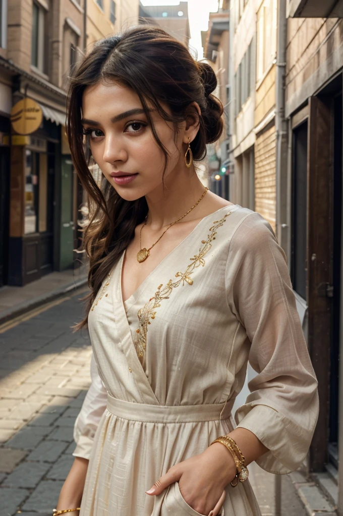 best quality, masterpiece, beautiful and aesthetic, 16K, (HDR:1.4), high contrast, bokeh:1.2, lens flare, (vibrant color:1.4), (muted colors, dim colors, soothing tones:0), cinematic lighting, ambient lighting, sidelighting, Exquisite details and textures, cinematic shot, Warm tone, (Bright and intense:1.2), wide shot, by playai, ultra realistic illustration, siena natural ratio, anime style, (city morning view theme:1.2), head to toe, dark brown ponytail hairstyle, (a Vogue model look:1.4), full body long shirt brown dress, a beautiful pakistani girl, beautiful shimmering makeup, frosty lips, icy eyeshadow, a small earrings, ultra hd, realistic, vivid colors, highly detailed, UHD drawing, pen and ink, perfect composition, beautiful detailed intricate insanely detailed octane render trending on artstation, 8k artistic photography, photorealistic concept art, soft natural volumetric cinematic perfect light, - **Eyes:** Almond-shaped, dark brown eyes with a calm, gentle gaze. The eyelashes are natural and moderately long. - **Eyebrows:** Thin and naturally arched, framing the eyes elegantly. - **Nose:** Straight and well-proportioned, fitting harmoniously with her other facial features. - **Mouth:** frosty lips with a subtle shade of pink lipstick, slightly parted in a warm, welcoming smile. - **Hair:** dark brown ponytail hairstyle. **Attire:** - **Top:** A traditional black kurta made from a light, flowing fabric. The kurta features intricate floral embroidery in yellow and white around the neckline and on the sleeves. - **Dupatta:** A yellow dupatta draped over her right shoulder, adding a contrasting yet complementary color to her outfit. - **Jewelry:** - **Earrings:** Small gold earrings with a simple design. - **Necklace:** A delicate gold necklace with a subtle pendant. - **Bangles:** Multiple thin gold bangles on her right wrist. - **Watch:** A classic gold watch on her left wrist. - **Hands:** Her hands are clasped in front of her, showcasing