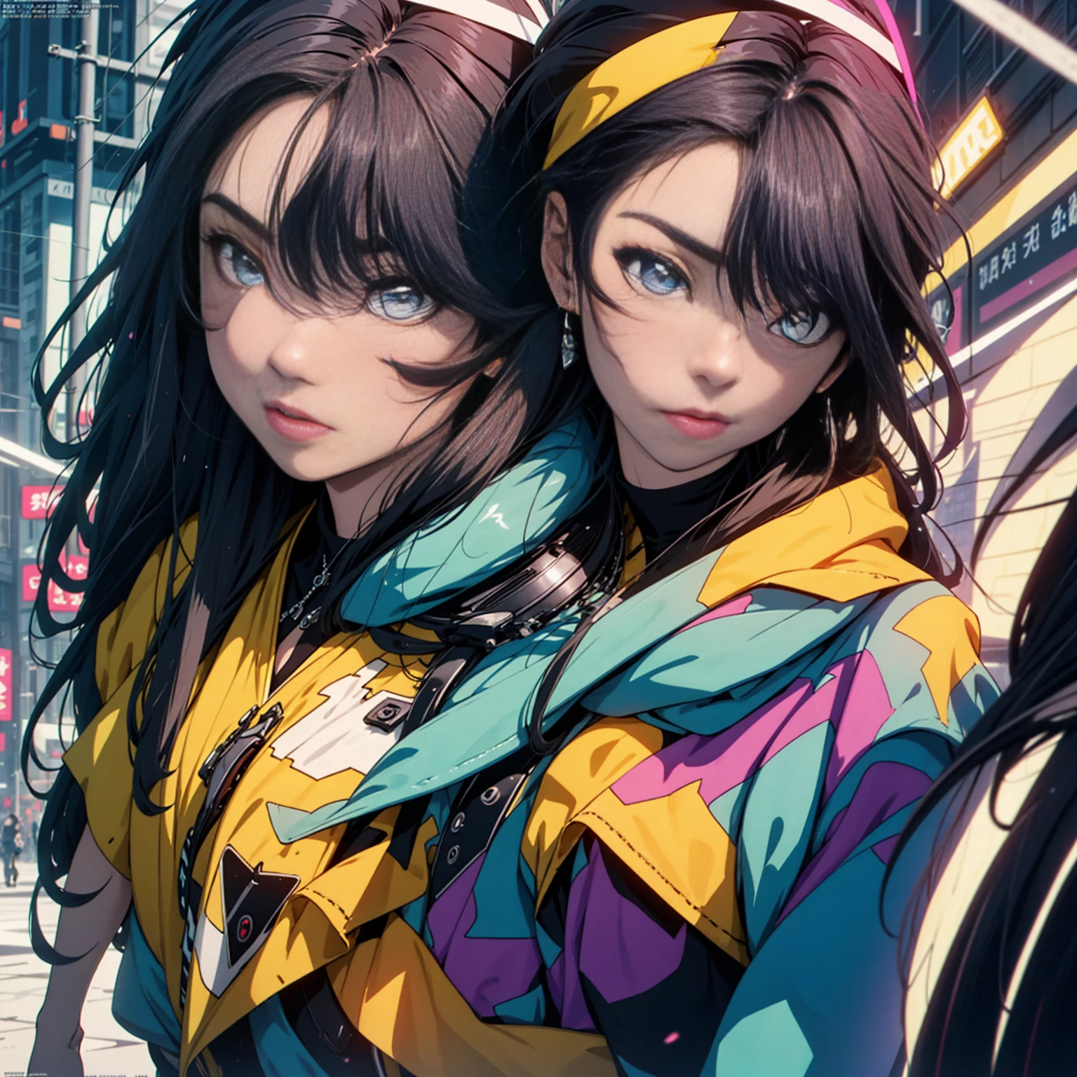 (Fashion magazine cover: 1.4)

masterpiece, Highest quality, Super detailed, Very detailed, 4K, 8k, Highest quality, Perfect Anatomy, Artistic anime illustration of three girls walking through a complex, multi-layered city environment at night. The cityscape is highlighted by vibrant neon rainbow outlines., Give the scene a surreal feel, Cyberpunk aesthetic. Sharp focus, Very detailedイラスト, masterpiece, High resolution,