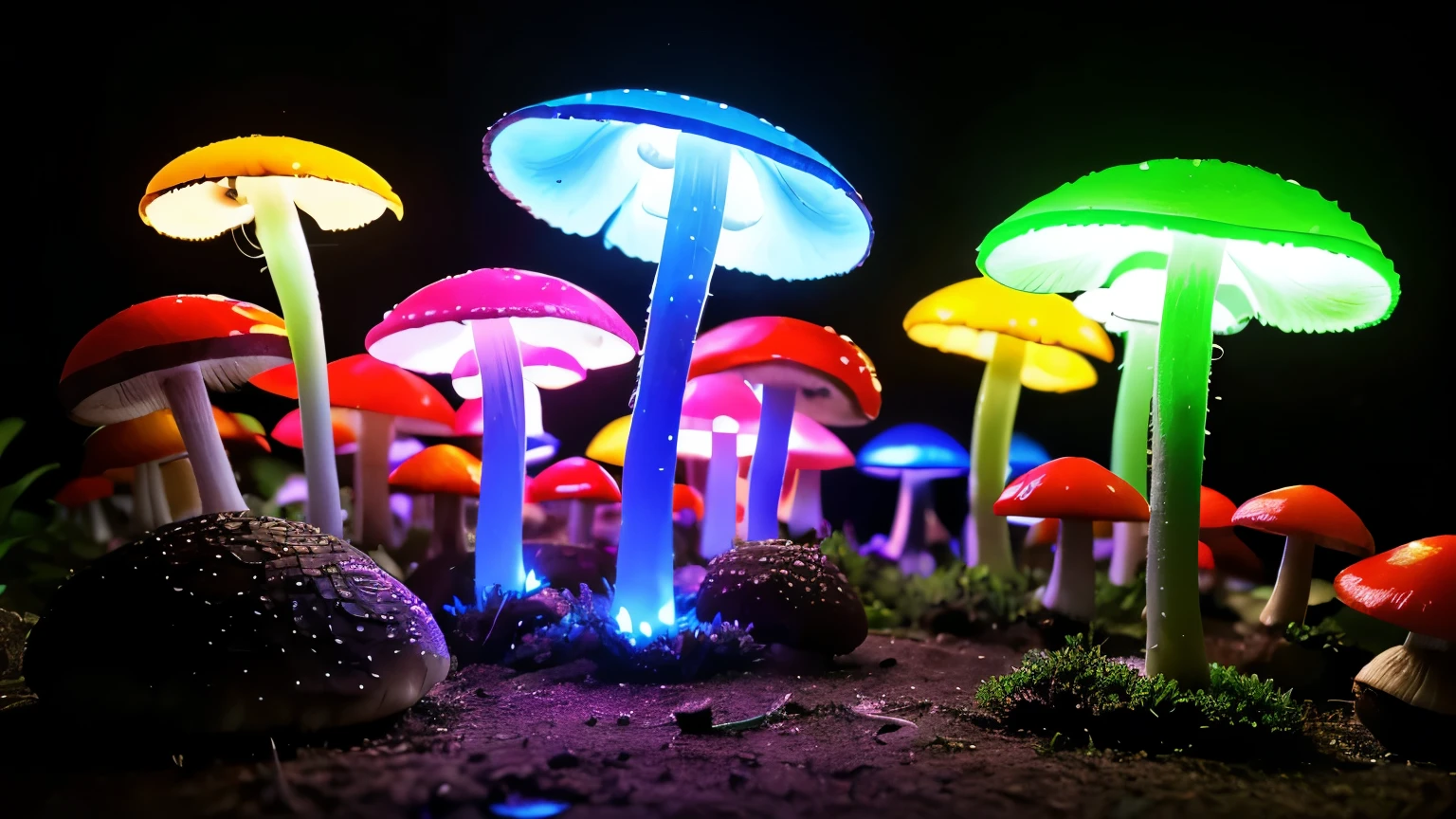 mushrooms are glowing in the dark with a blue light, glowing mushrooms, fluorescent mushrooms, neon mushrooms, glowing blue mushrooms, psychedelic mushrooms dream, magic mushrooms, psychedelic mushrooms, glowing fungus, colorful mushrooms, magic mushroom, glowing blue mushrooms in mire, bioluminescent mushrooms, neon yellow glowing mushrooms, mind-blowing mushroom, bright red mushrooms, mushroom forest, translucent mushrooms