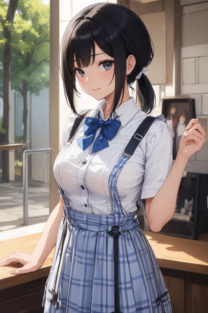 (anime), ((extremely detailed 8k illustration)), highres, (extremely detailed and beautiful), ultra detailed painting, professional illustrasion, Ultra-precise depiction, Ultra-detailed depiction, (beautiful and aesthetic:1.2), HDR, (depth of field:1.4), professional illustrasion,
A coffee shop in the cooler fall weather.,
Today, too, I enter the store in search of my morning cup of coffee.,
A girl in a uniform welcomes me again today.,
(girl), (teenage), (highly detailed beautiful face and eyes,big breasts firm breasts), oily skin, ((black hair,black eyes,short bob with short pony tail hair)), thin pubic hair, cute, lovely, 14 years old, (kobeya uniform:1.3), (gingham-check suspender-apron:1.3), (solid-blue high-waist skirt:1.3), (apron over skirt:1.2), (white blouse:1.3), (double-breasted,underbust:1.2), short sleeves, button gap, (solid-blue bow-tie:1.2), smile, looking at viewer,