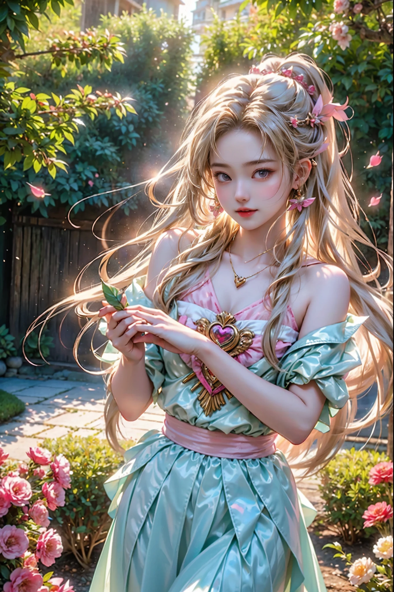 A stunning, hyper-realistic image of a 20-year-old Japanese woman with an enchanting Cupid appearance, standing in a serene, lush garden. She is gracefully shooting a beautiful heart-shaped arrow from her bow, her delicate features framed by cascading, flowing hair. Ethereal wings extend from her shoulders, and her radiant smile captures the essence of pure innocence. The atmosphere is filled with a warm, soft light, creating a vibrant color palette that perfectly complements her angelic aura. The dynamic pose, combined with a 1.5 emphasis on her beauty, makes this photograph a captivating and cinematic masterpiece.