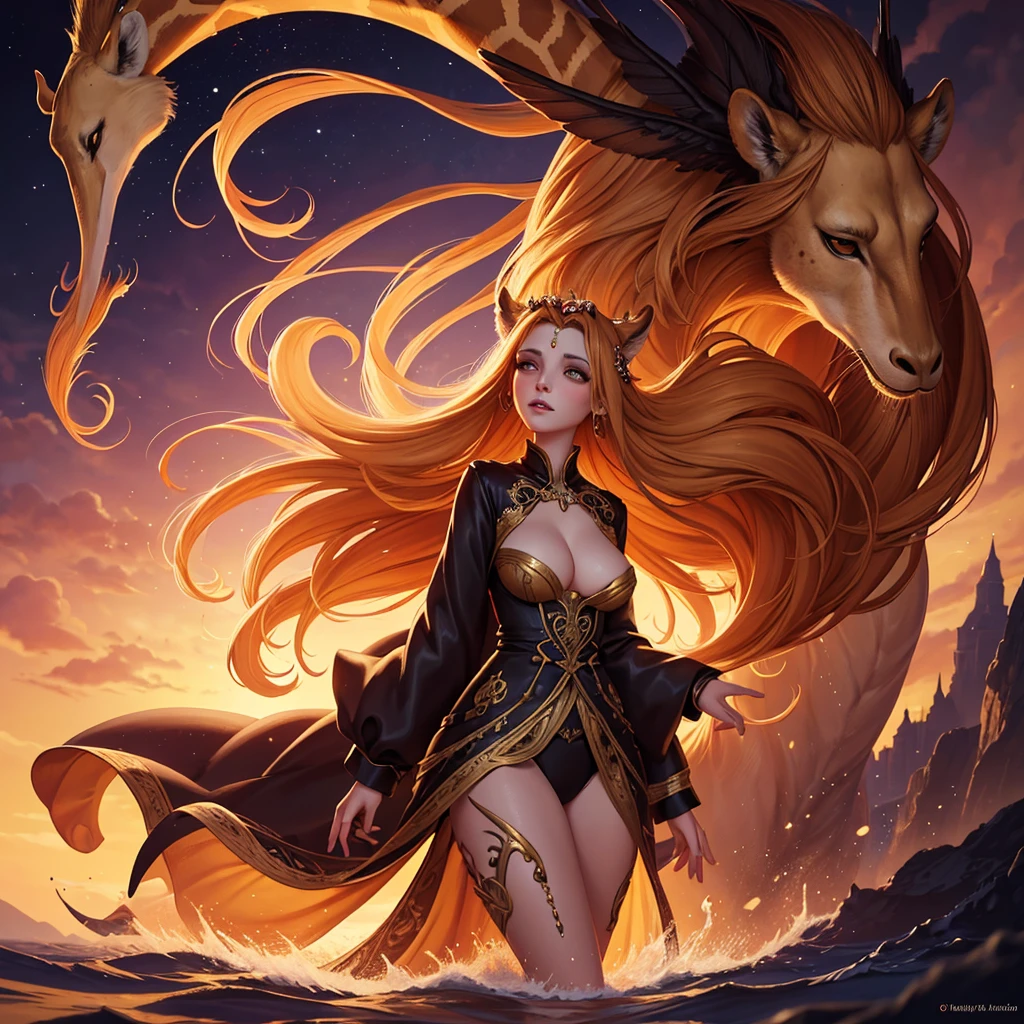 golden hour, front view oil painting of a woman with face of Winona Ryder morphed with Angelina Jolie laughing with gigantic hairdo floating on water, giraffe morphed with lion emerges from water in the background, tears of joy, storks, stunning digital illustration, beautiful fantasy art portrait, a beautiful artwork illustration, charlie bowater rich deep colors, artstyle tom bagshaw, beautiful digital illustration, beautiful fantasy portrait, portrait of a dark fantasy nymph, exquisite digital illustration, in style of anna dittmann