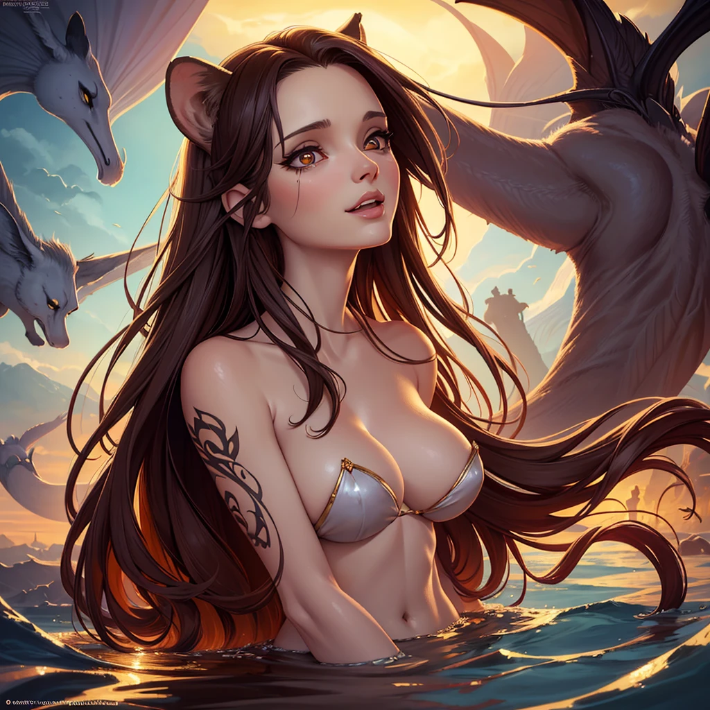 golden hour, front view oil painting of a woman with face of Winona Ryder morphed with Angelina Jolie laughing with gigantic hairdo floating on water, giraffe morphed with lion emerges from water in the background, tears of joy, storks, stunning digital illustration, beautiful fantasy art portrait, a beautiful artwork illustration, charlie bowater rich deep colors, artstyle tom bagshaw, beautiful digital illustration, beautiful fantasy portrait, portrait of a dark fantasy nymph, exquisite digital illustration, in style of anna dittmann