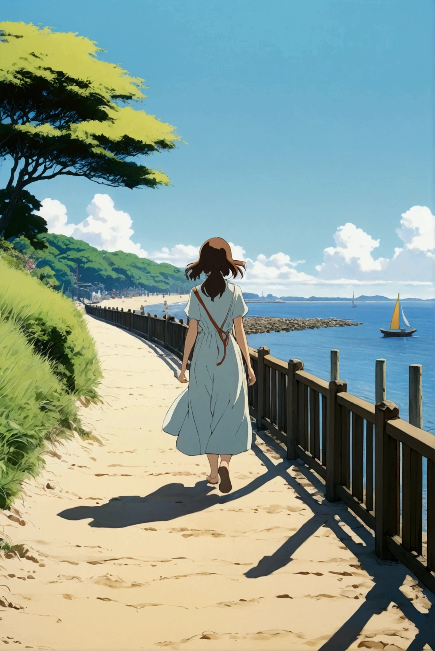 At the beach、Ghibli style、noon、One girl、Walking along the embankment、