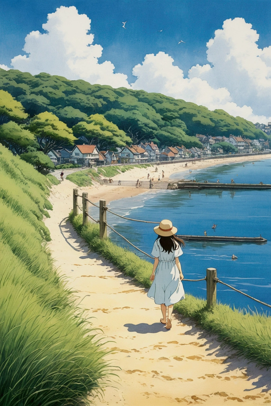 At the beach、Ghibli style、noon、One girl、Walking along the embankment、