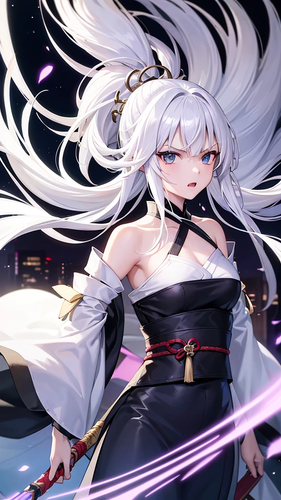 White Haired Girl、kimono、kimono、The location is the nightlife district of the entertainment district.、Female Swordsman、High resolution, blue eyes, Black Hair, High resolution, Highest quality, High-resolution model, Textured skin, Ultra high definition, Shiny Hair, Hair blowing in the wind, Angry, Show your fangs, Character profile, 