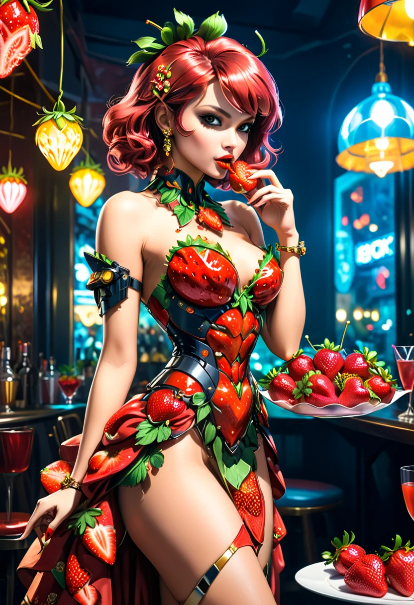 a portrait of an exotic, elegant beautiful mecha woman eating an epic, (legendary strawberry: 1.3) in cocktail party , ((full body: 1.5)), ((anatomically correct: 1.5)), (ultra detailed face: 1.2), dynamic eye color, glowing eyes, dynamic hair color, dynamic hair style dynamic skin complexion, wearing 1960's glamour intricate dress, high. fashion dress, dynamic color dress , wearing high heels, cocktail party background, vibrant, Ultra-high resolution, High Contrast, (masterpiece:1.5), highest quality, Best aesthetics), best details, best quality, highres, 16k, (ultra detailed: 1.5), masterpiece, best quality, (extremely detailed) RAW, (ultra details, Masterpiece, best quality), Hyperrealism style, MechanicusStyleAI,