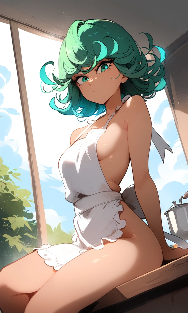1girl, tatsumaki, one-punch man
\\\\\ masterpiece, best quality, newest ///// nyantcha, khyle, cutesexyrobutts \\\\\ thin waist, solo, sky, clouds, cropped legs, angry, day, looking at viewer, dutch angle, naked apron,, sit on kitchen table