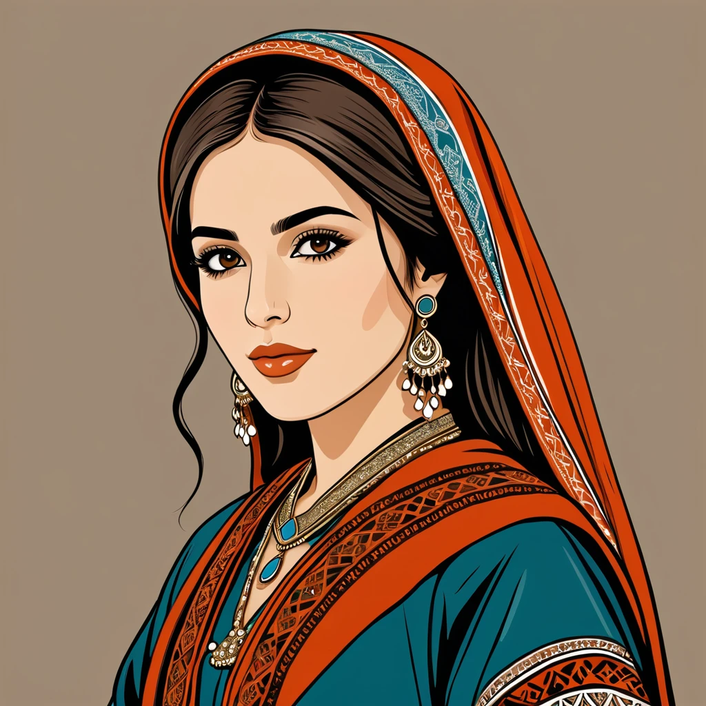 woman in afghanistan folk outfit, vector graphics, strong contours, logo design
