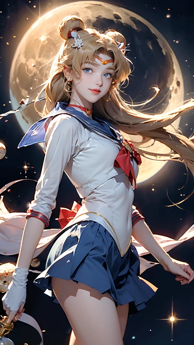 Sailor Moon, 1 girl, blue eyes, Long blond hair, Sailor Suit, Moon headdress, Hold the Moon Stick, standing on the moon, earth in background, space, Star, Confident smile.