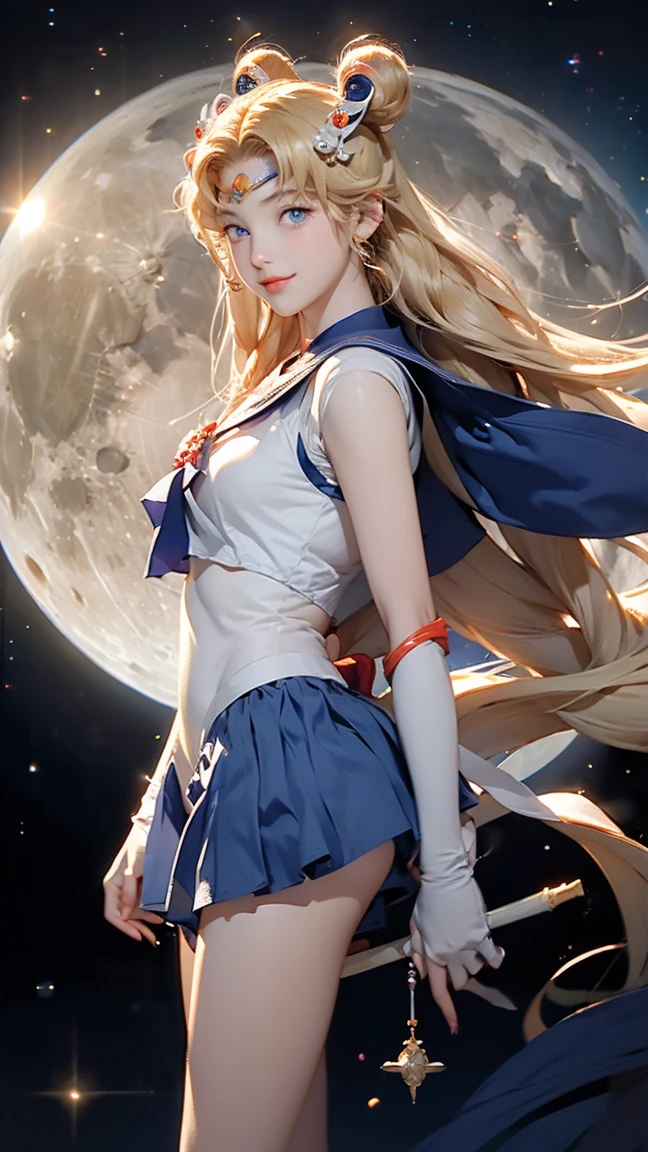 Sailor Moon, 1 girl, blue eyes, Long blond hair, Sailor Suit, Moon headdress, Hold the Moon Stick, standing on the moon, earth in background, space, Star, Confident smile.