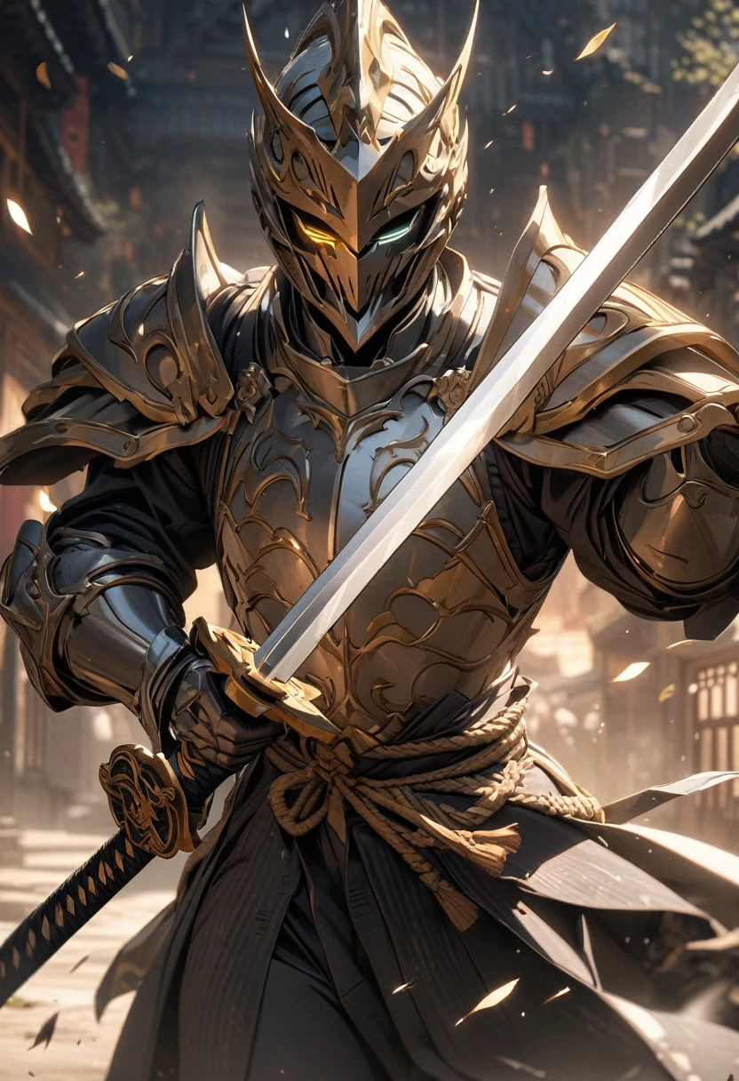 masterpiece, 8k, best quality, highly detailed, a human male knight wielding a white & yellow weapon that resembles a japanese katana
