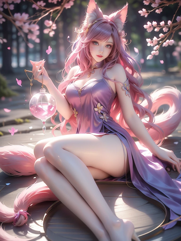 Super beautiful glowing eyes、Face lighting,Bright backlight,medium breasts,超A high resolution,Best Quality,Photos,4K,(Realistic:1.2),
1 girl,Cute,Cosplay,ahri (League of Legends),Looking at Viewer,(Moderate breasts:1.1),Nine Tails,long ears,Green eyes,(Long wavy hair:1.2),White and gold headdress,Purple and gold cheongsam,(Thigh height stockings:1.3),Purple High Heels,Blue and gold bracelet,In the moonlit forest,