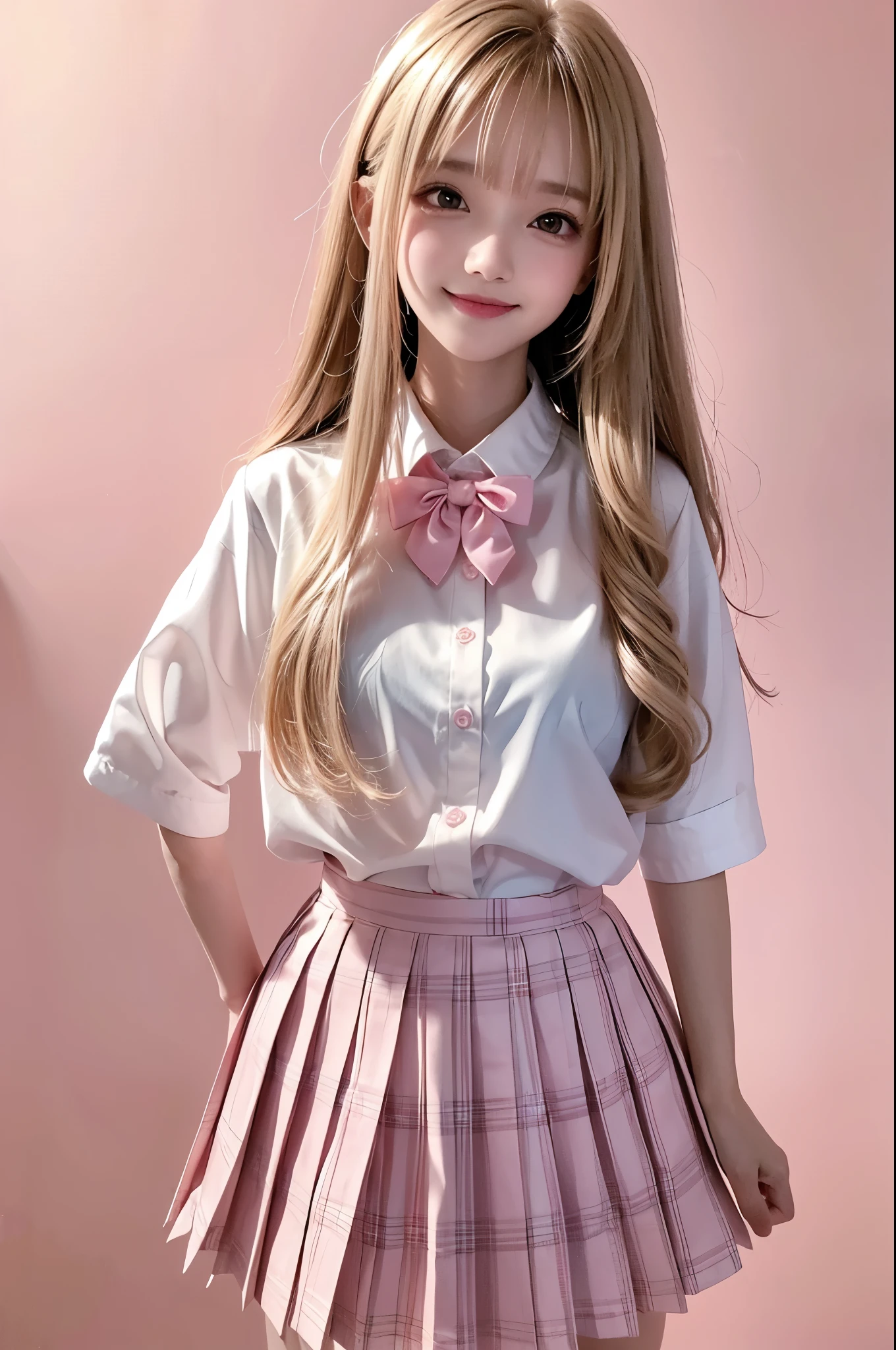 high resolution,smile,woman,woman1人,adult,Clear,cute,Blonde with pink inner color,
wavy hair,long hair,BREAK,
Brown eyes,BREAK,
high school girl,uniform,White shirt,Pink checkered pleated skirt,BREAK,
Facing forward,BREAK,Pink background,