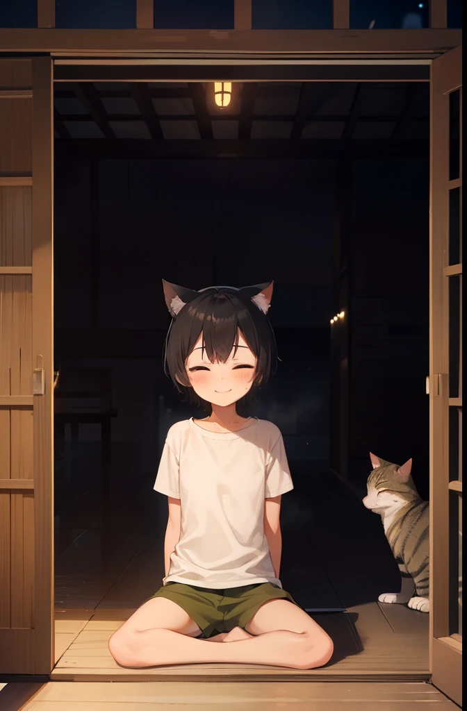 Wooden corridor of the temple,dark,smile,Sit and watch the fireworks,Place your hands behind your back,close your eyes,1. small ,short hair,Black Hair,blush,White T-shirt,Olive green shorts,White skin,From below,Sweat,night中,night,Cat ear
